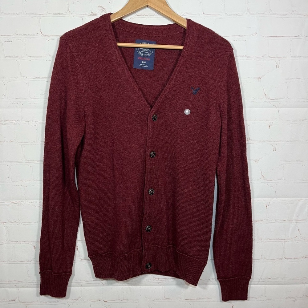 American Eagle Cardigan Sweater Womens Large Maroon Wool Blend Ribbed V Neck New